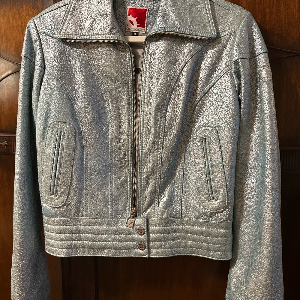 Awesome baby blue cracked Metallic Leather Jacket for Women